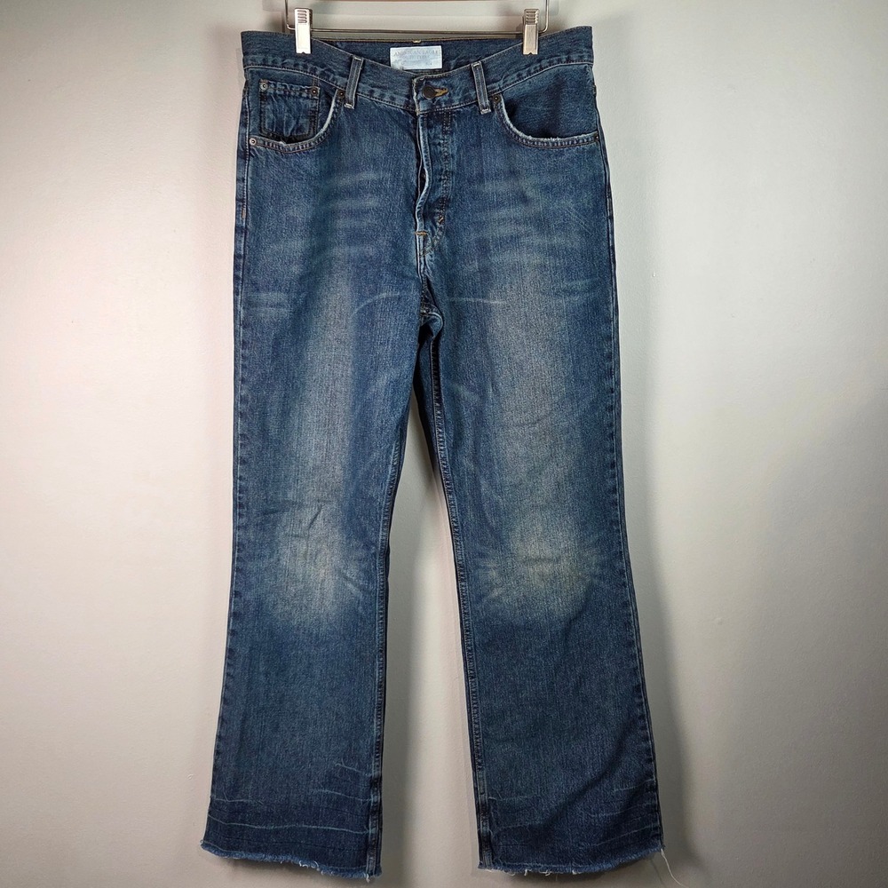 American Eagle Bootcut Jeans Mens 32x32 Blue‎ Good Raw Hem Button Fly 2662-32